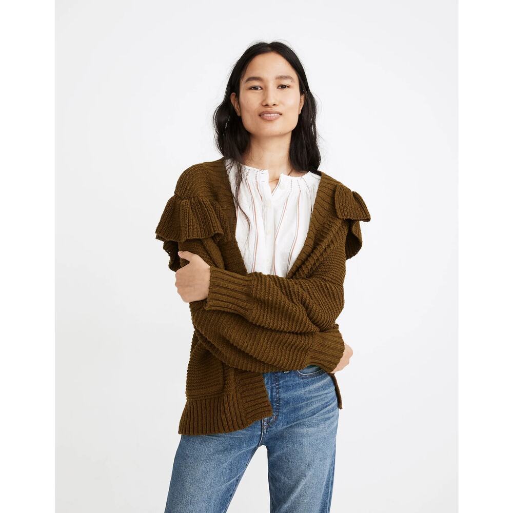 Madewell Ruffle Cardigan Sweater in‎ Olive Green 100% Cotton